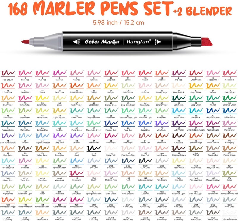 HandFan Alcohol Based Ink Art Markers, 168 Colors Broad&Fine Dual Tip Permanent Markers Pen Set for Professional Student Child Coloring Illustrations Sketch Drawing Painting Card Making (Black) - Image 2